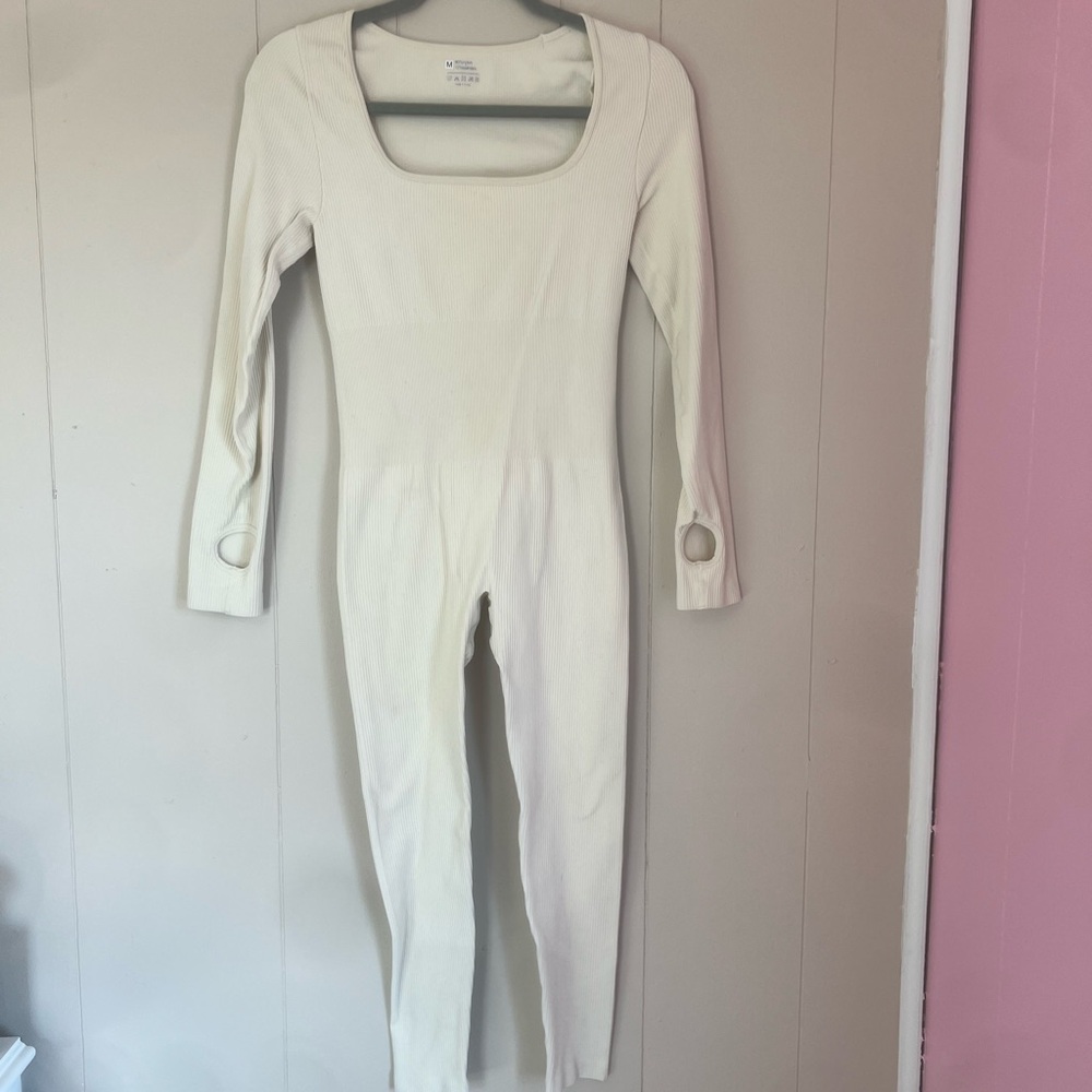 Ribbed Long-Sleeve White Jumpsuit